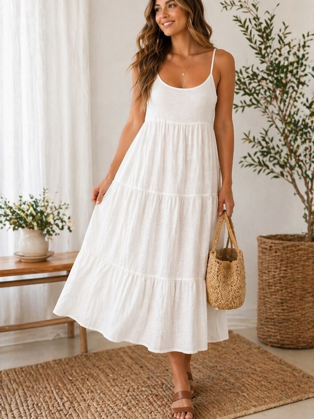 Old Navy White Tiered Spaghetti Strap Midi Dress S Boho Cottagecore Summer - Picture 1 of 4